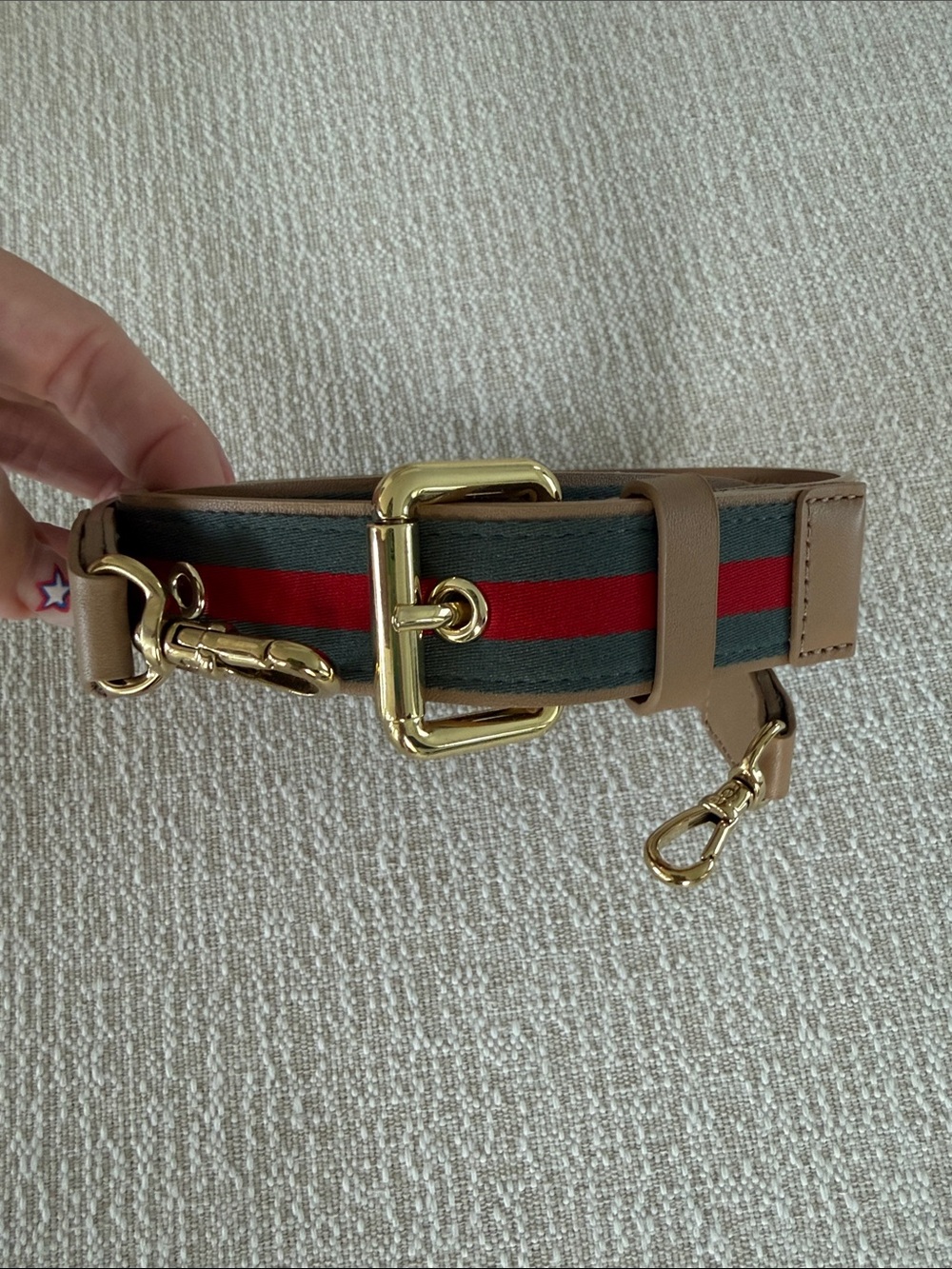 Striped Canvas and Leather Bag Strap in Tan, Green & Red